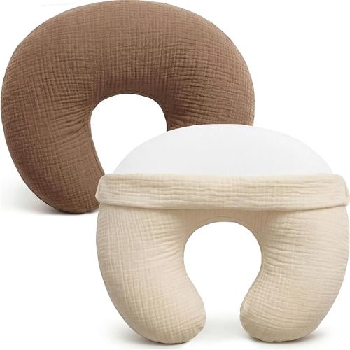Pro Goleem Muslin Nursing Pillow Cover, 100% Cotton Soft Breathable Feeding Pillow Slipcover for Breastfeeding Moms, Fits Standard Infant Nursing Pillow, for Boys and Girls, 2 Pack (Brown＆Beige)