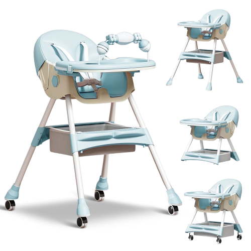 HAOUUCYIN 4-in-1 Baby High Chair, Portable Dining Chairs Eat & Play with Double-Layer Dinner Plate and Toy Rack, for 0-36 Months, Light Blue