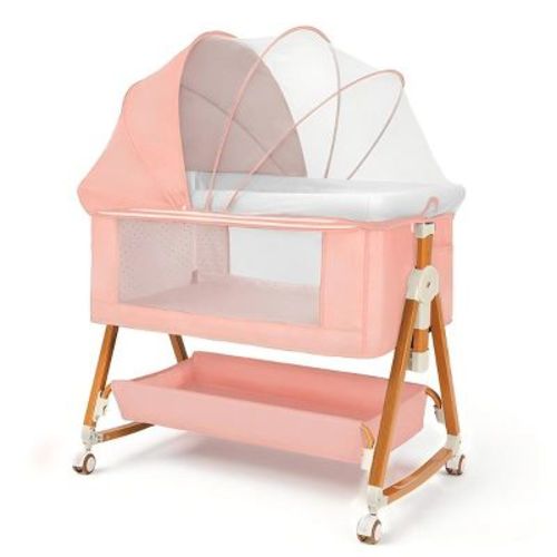 Kmaier Baby Bassinet 3 in 1 Foldable Portable Crib,6 Adjustable Height,with WheelsBaby Bassinet Rocking-,Pink
