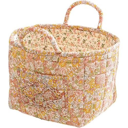 Quilted Fabric Storage Basket with Handles – Boho Foldable Floral Organizer Bin for Home, Picnic, Shopping, Travel 13"x11"x10" (Rose Cream)