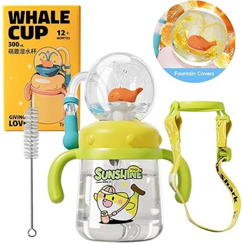 Comobebe Whale Fountain Cup for Kids Toddlers: 10oz/300ml Spill Proof Toddler Sippy,Straw Cup with Handle & Strap, BPA-Free forsippy cups for toddlers 1-3,Kids Water Bottle (Yellow)