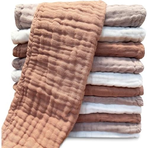 Muslin Burp Cloths for Baby 100% Cotton Burping Cloths for Unisex, Boy, Girl - Large 20'' by 10'' Newborn Essentials Ultra Soft Absorbent Milk Spit Up Rags - 12 Pack - White+Light Bean Paste Series