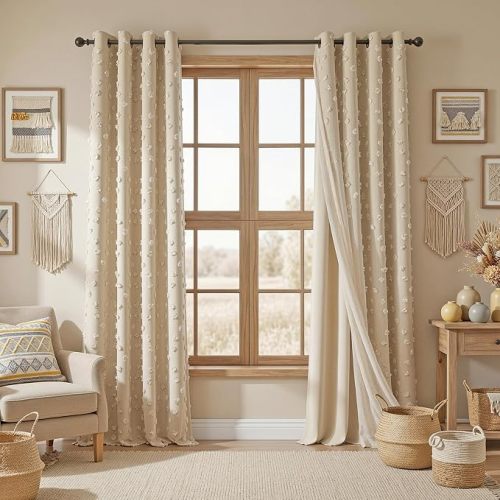 MYSKY HOME Beige Boho Curtains for Living Room 84 Inches Long Blackout Bohemian Curtains 2 Panels Beige Pom Pom Sheer Thermal Insulated Rustic Grommet Privacy Room Darkening Window Drapes 52" x 84"