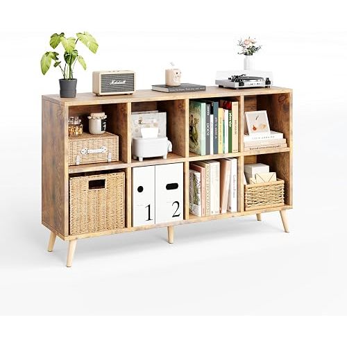 8-Cube Bookshelf 2 Tier Retro Bookcase with Legs, 11in Shelf Opening, 47" Wood Bookshelves Storage Organizer Shelf, Freestanding Open Book Shelves for Bedroom Living Room Office, Vintage Brown