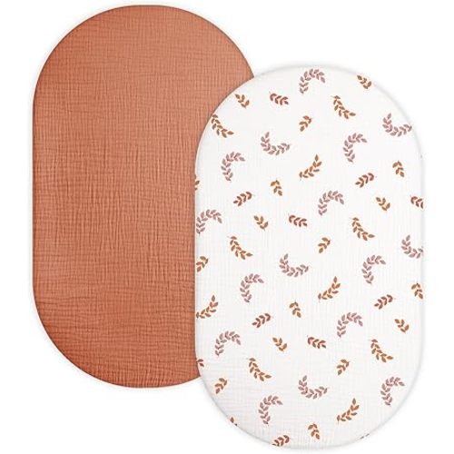 Bassinet Sheet for Baby Boy and Girl 2 Pack, Fitted Sheets for Rectangle, Oval, Hourglass Bassinet Mattress, Muslin Moses Basket Sheets with Neutral Style (Brick & Leaf)