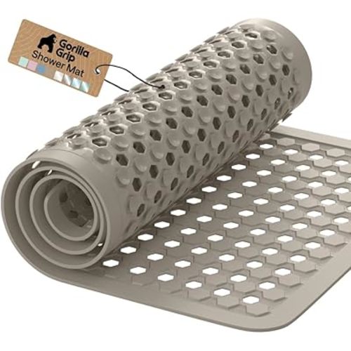 GORILLA GRIP Patented Bath Tub Shower Mat, Machine Washable Bathtub Floor Liner Mats, Suction Cups and Drain Holes to Keep Tubs Clean, Soft on Feet, Bathroom Essentials, 35x16 Inch, Beige