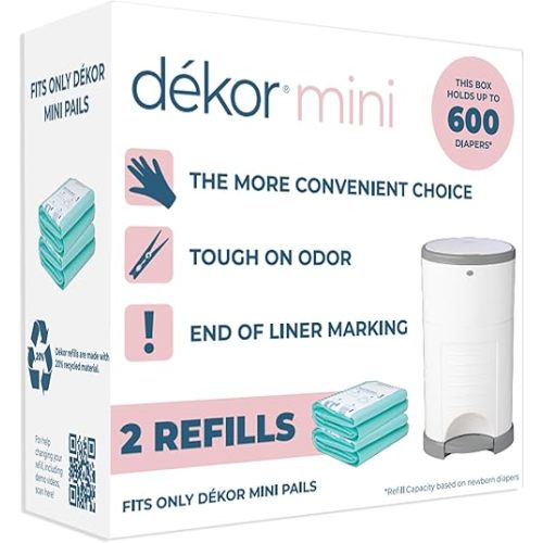 Diaper Dekor Mini Diaper Pail Refills | 2 Count | Most Economical Refill System | Quick & Easy to Replace | No Preset Bag Size Use Only What You Need | Exclusive End-of-Liner Marking