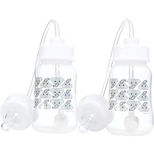 Hands-Free Baby Bottle - Anti-Colic Nursing System 4 oz Baby Bottle with Fast Flow Nipple/Teat 3m+ with Tube Straw Feeding System for Toddler (2 Bottles - Elephant)