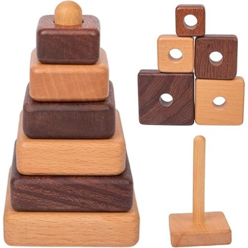 Adena Montessori Ring Natural Wood-Colored Wooden Stacking Toy,Montessori Geometric Stacker Wooden Educational Toy,Baby and Toddler Ages 12+ Months Shape Sorter and Stacking Tower for Babies(Square)
