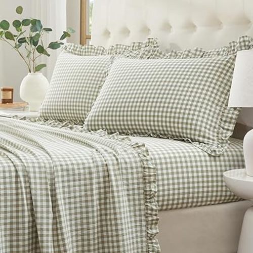 Ruffle Gingham Twin Sheet Set - 3 Piece Sage Green Plaid Cotton Bed Sheets Twin Size - 16 Inch Deep Pocket Checkered Ruffled Sheets Farmhouse Decor - Linen-Feel & Breathable