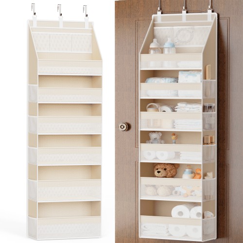 Criusia 6-Shelf Fabric Over the Door Organizer, Thickened non-woven fabric Closet Hanging Storage, 3 Pcs upgrade hooks, 55lbs Capacity, Beige