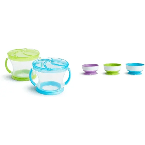 Munchkin® Snack Catcher® Toddler Snack Cups, 2 Pack, Blue/Green & Stay Put™ Suction Bowls for Babies and Toddlers, 3 Pack, Blue/Green/Purple