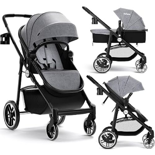 INFANS 2 in 1 Baby Stroller, High Landscape Infant Stroller & Reversible Bassinet Pram, Foldable Pushchair with Adjustable Canopy, Cup Holder, Storage Basket, Suspension Wheels (Grey)