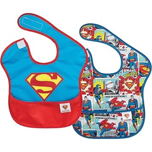 Bumkins Bibs for Girl or Boy, SuperBib Baby and Toddler for 6-24 Months, Essential Must Have for Eating, Feeding, Baby Led Weaning, Mess Saving, Waterproof Soft Fabric, 2-pk Batman and Superman