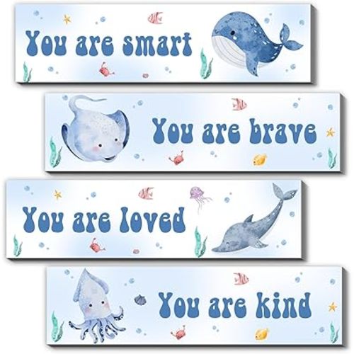Under the Sea Nursery Decor,Sea Animal Wall Decoration,Nautical Wooden Wall Art,4PCS Nursery Decor for Beach House,Bathroom,Coastal Living Room,Best Gifts for Birthday Baby Shower