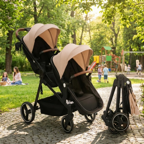 Garvee Foldable Tandem Double Baby Stroller with Reversible Seat for Infant and Toddler in Beige