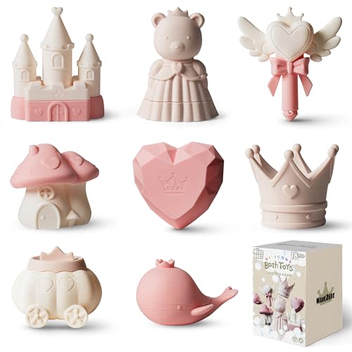 MarcZero Princess Silicone Bath Toys 8Pcs for Toddlers Kids Babies,Bathtub Water Toys,Soft Squeezable Easy-Grip Pool Toys Set (Pink)