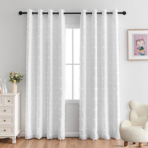 MYSKY HOME 100% White Blackout Curtains for Living Room Bedroom 84 Inches Long Total Light Blocking Drapes for Girls Room Thermal Insulated Curtains with Pom Pom Sheer Grommet Set of 2, 52W x 84L