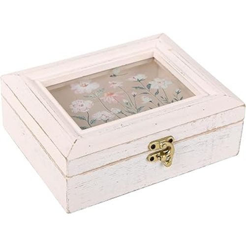 NIKKY HOME Wooden Keepsake Box with Glass Lids, Handmade Small Memory Box, Vintage Decorative Jewelry Display Box - Pink