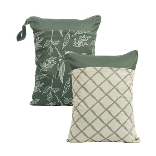 CoolaPeach 2pcs Wet Bags Waterproof Reusable Wet Dry Bag with Two Zippered Pockets Travel Beach Pool Daycare Yoga Gym Bag for Baby Cloth Diaper,Swimsuits,Wet Clothes (Leaves & Grids)