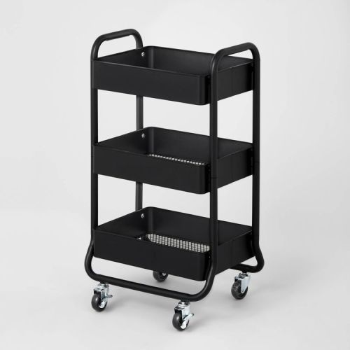 3 Tier Metal Utility Cart Black - Brightroom™: Rolling Storage Trolley with Wheels, Powder-Coated, Rust-Resistant