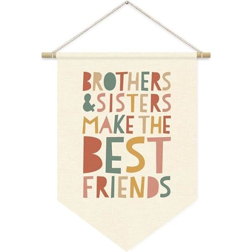 Nursery Decor Siblings Canvas Banner, Boho Twin Room Sign, Brothers and Sisters Make The Best Friends Bedroom Playroom Wall Art Decorations, Boho Kids Room Hanging Pennant Flag Banner 15x11in