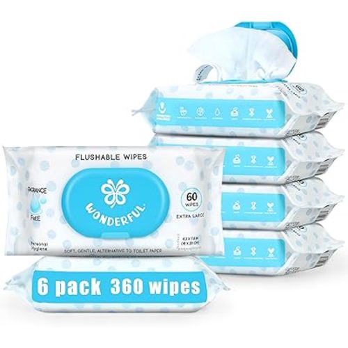 WONDERFUL Flushable Wipes, Unscented 100% Plant-Based Wet Butt Wipe for Adults & Kids, Sewer Septic Safe, Gentle for Sensitive Skin, Wipes Flushable Pack for Bathroom & Travel, 6-Pack (360 Counts)
