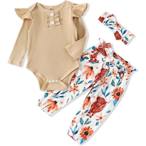 Newborn Baby Girls Clothes Ribbed Ruffled Romper+Floral Pants+Headband Infant Outfit Set