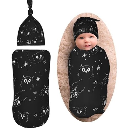 Owls Painted Newborn Swaddle Blanket Soft Unisex Infant Swaddle Wrap Baby Receiving Blanket with Beanie Hat for Boy and Girl