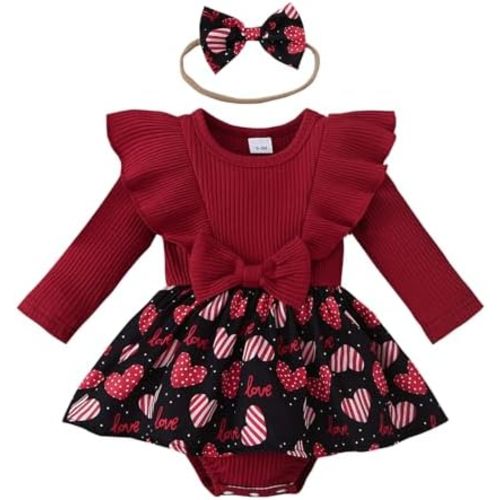 Valentine Baby Girl Outfit Heart Print Ribbed Long Sleeve Newborn Valentines day Romper Dress Headband Set