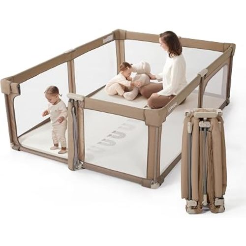 Baby Playpen Portable, Pre-Assembled Play Pen 59x59 Large Foldable Playpen for Babies and Toddlers, Sturdy and Safe Toddler Play Yard Indoor Outdoor with Carry Bag, Dark Khaki