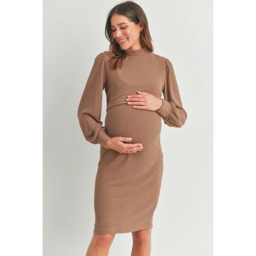 Hello Miz Women's Ribbed Double Layer Mock Neck Maternity Nursing Dress - Brown - Medium