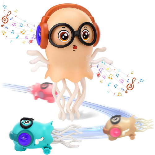 Dancing Jellyfish Baby Toy, Crawling Jellyfish Tummy Time Toy, Magic Dancing Music Crawling Toys for 3 4 5 6 7 8 Year Old Girl Kids Boy Birthday Gifts,Orange