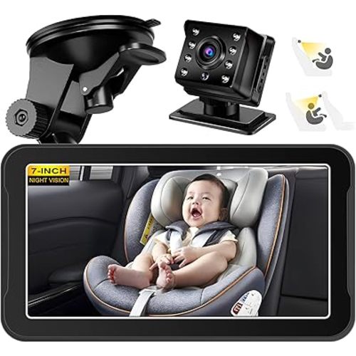 Omebel 7" Baby Car Camera, Baby Car Mirror Monitor with 2K HD Camera, 360° Rotation, Night Vision, Rear-Facing, Easy 5-Min Installation, USB Plug and Play Camera for Infant Safety
