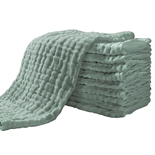 Yoofoss Muslin Burp Cloths for Baby 10 Pack 100% Organic Cotton Baby Washcloths for Boys Girls Large 20''X10'' Super Soft and Absorbent Dark Green