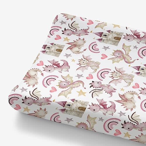HawSkgFub Pink Purple Dragon Castle Changing Pad Cover Baby Girls Shower Gift, Cute Flying Dragons Diaper Change Table Sheet, Soft Stretchy Breathable Safe Snug Fitted Changing Mat Fit 32