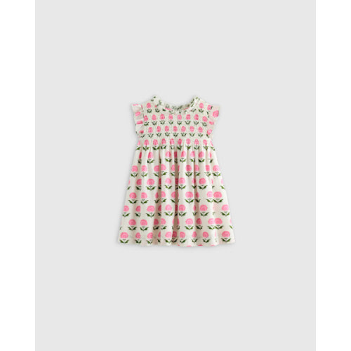 100% Organic Cotton Poplin Smocked Flutter Sleeve Dress - Baby Girl in Pink Woodblock Floral