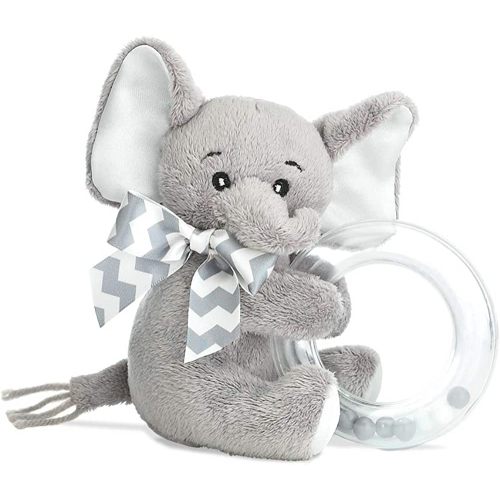 Bearington Baby Lil' Spout Plush Stuffed Animal Gray Elephant Shaker Toy Ring Rattle, 5.5 inches