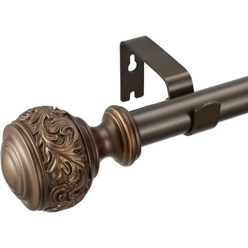 Decorative Window Curtain Rod 1-Inch Diameter with Modern Design Floral Carved Ball Finials, Drapery Curtain Pole Extends from 72 to 144 Inches,Floral Antique Bronze