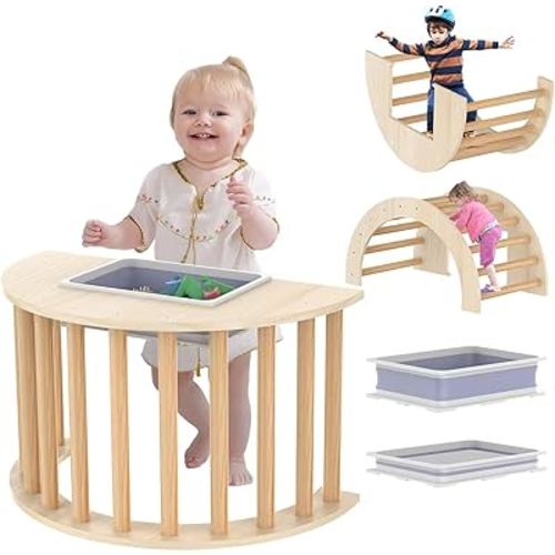 Climbing Toys for Toddlers 1-3 Inside, 3-in-1 Climbing Arch with Wobble Board, Wooden Climbing Toys with Collapsible Storage Bin, Toddler Sensory Table for Toddlers 1-3