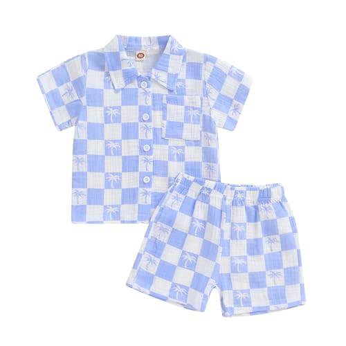Mandizy Toddler Baby Boy Summer Clothes Checkered Palm Tree Print Shirt Tops and Shorts Set 2Pcs Cotton Linen Outfit