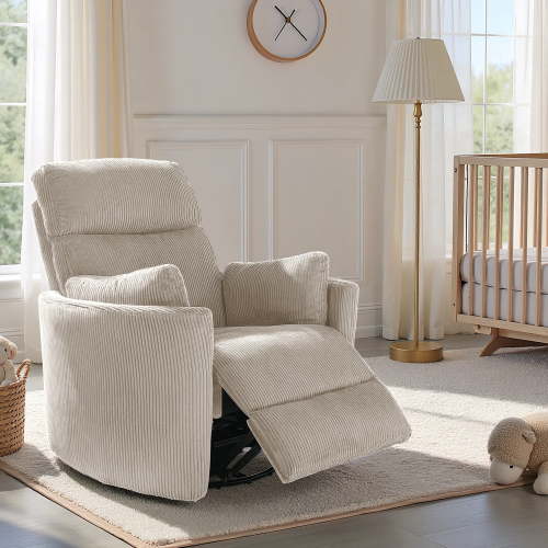 36.72'' Wide Swivel Rocker Glider Recliner with Adjustable Pillows and USB, Beige Corduroy Nursery Chair