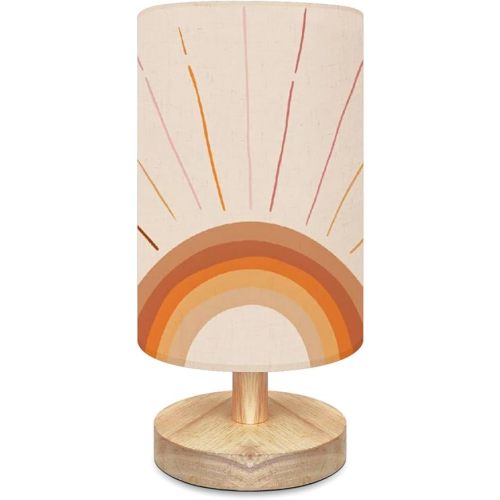 Cute Minimalist Bedside Table Lamp Boho Magic Rainbow Sun and Rays Abstract Geometric Solid Wood Nightstand Lamp Bedside Desk Lamps Wood Base Flaxen Fabric Shade for Girls Bedroom Nursery Living Room