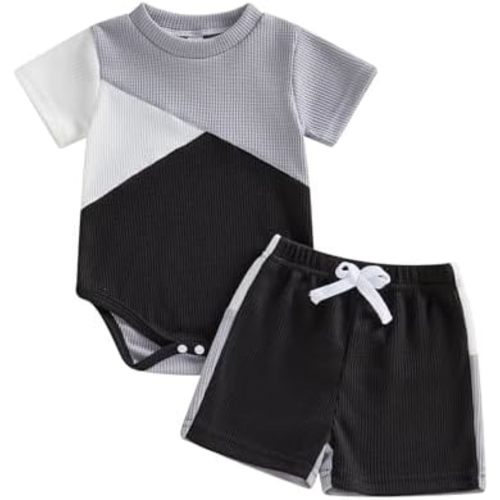 Amiblvowa Newborn 0 3 6 9 12 Months Baby Boy Summer Clothes Letter Print Romper Short Sets Waffle Knit 2 Piece Infant Outfits