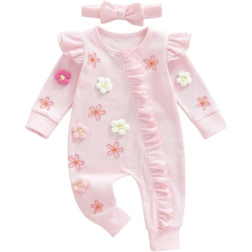 Newborn Baby Girl Clothes Ribbed Ruffle Romper Long Sleeve Zipper Onesie Jumpsuit Coming Home Outfit Girl