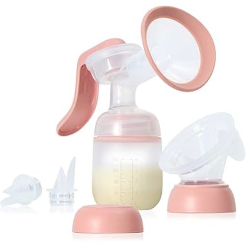 Frida Mom 2-in-1 Manual Breast Pump with Hands-Free Silicone Suction Cup, Milk Collector, Wireless Ergonomic Handle, and SoftFeel Flange for Breastfeeding