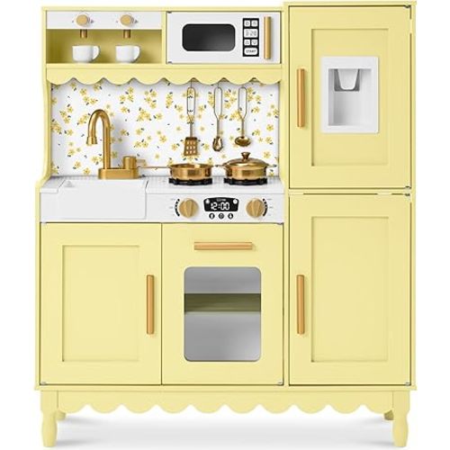 Best Choice Products Play Kitchen for Kids, Cottage Style Kids Kitchen Playset for Toddlers, Pretend Play Toy Kitchen w/ 11Pcs, Espresso Machine, Microwave, Oven, Refrigerator w/Ice - Butter