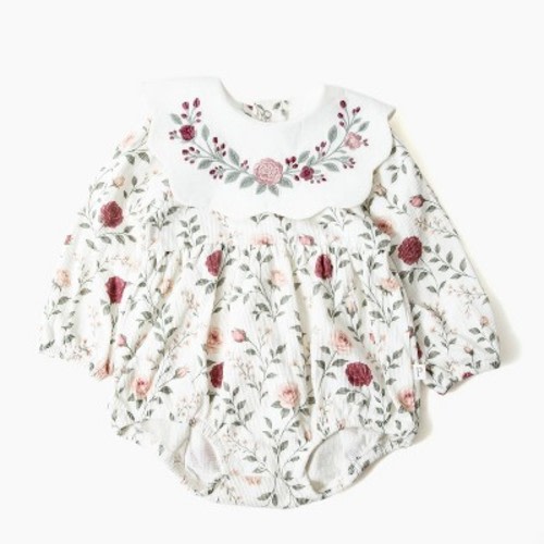 Picolette by Olivia Culpo Baby Girls' Floral bib Long Sleeve Romper - Ivory/Pink Newborn