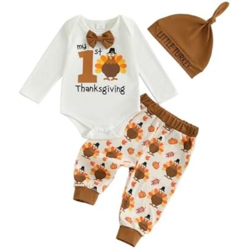 Karuedoo My First Thanksgiving Baby Boy Outfit Newborn Long Sleeve Romper Long Pants with Hat 3Pcs Clothes Set Size: 0-3 months