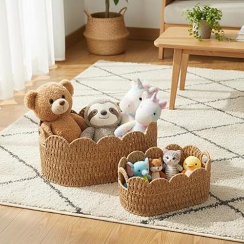 Toy Scalloped Basket Set of 2,Woven Storage Baskets